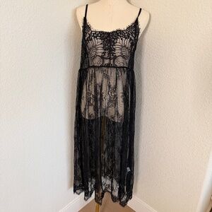 Black Sheer Lace Midi Dress | Eyelash Lace Spaghetti Strap Overlay